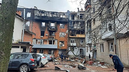 Shelled residential buildings in Kharkiv Oblast