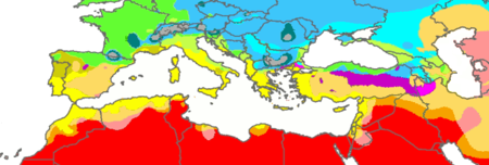 As seen from the map, most of the landmass surrounding the Adriatic sea is classified as Cfa, with the southern region (near the Ionian sea) being Csa. Koppen World Map (Mediterranean Sea area only).png