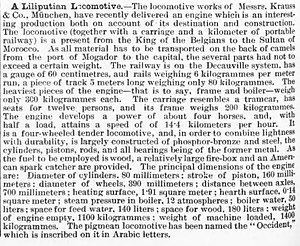 Krauss & Co, München lieferten 1888 die Liliput-Lokomotive Occident an den Sultan von Marokko[1]
