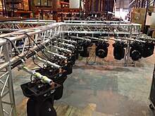 Moving lights hanging on a truss, ready for rigging and chain motors. LDI-rogue-rig.jpg