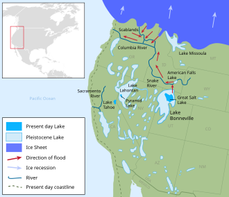 Lake Lahontan and other Late Pleistocene paleolakes in the Great Basin (such as Lake Bonneville) during the last major global glaciation. Lake Lahontan is shown in the context of western North America and the southern margins of the Laurentide and Cordilleran ice sheets. Lake bonneville map.svg