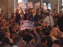 Fabius and supporters celebrating in Fleurance after his official registration Laurent Fabius candidat presidentielle.jpg