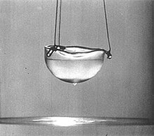 The liquid helium is in the superfluid phase. Discovered by Pyotr Kapitsa in 1938. First theoretically model with Ginzburg-Landau theory in 1950. Liquid helium Rollin film.jpg