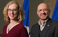 Lorna Slater (left) and Harvie (right) became the inaugural co-leaders of the party in 2019. Lorna Slater and Patrick Harvie, minsterial portraits 2023.jpg