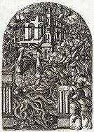 Kobberstikket Babylons fall av Jean Duvet fra hans Apocalypse-serie, ca. 1555.
