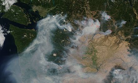 MODIS aerial imagery of Washington on August 22, showing the Puget Sound region covered in smoke from wildfires in Eastern Washington.