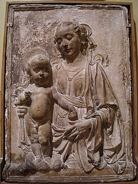Madona me fëmijën, reliev në stuko nga rrethi i Verrocchio-s, në Allen Memorial Art Museum, Oberlin College, Ohio, USA.