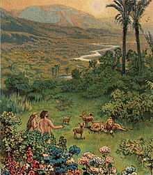 The Garden of Eden (illustration from Bible card published 1906 by the Providence Lithograph Company) Man Made in the Image of God (crop).jpg