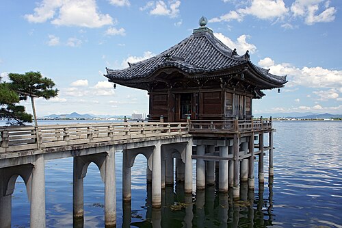 The torii gate of Mangetsu-ji on the shores of Lake Biwa, the largest freshwater lake in Japan, located in Otsu City, Shiga Prefecture