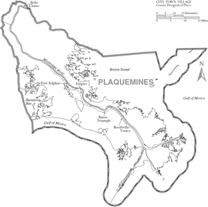 Map of Plaquemines Parish with municipal labels