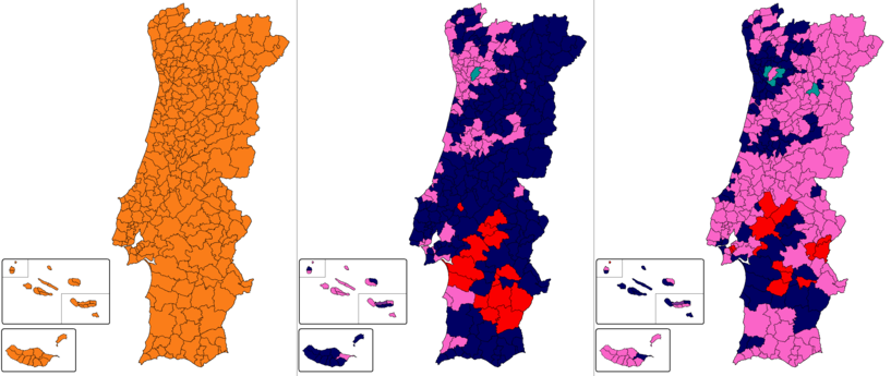 First, second and third most voted candidates by municipality: Marcelo - orange; Gomes - pink; Ventura - dark blue; Ferreira - red; Vitorino Silva - Light Sea Green.