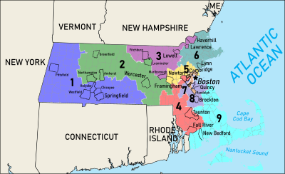 Massachusetts's congressional districts since 2023 Massachusetts Congressional Districts, 118th Congress.svg