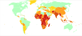 Disability-adjusted life years (DALY) lost from Measles in 2012 per million persons.   0-0   1-26   29-45   49-49   49-909   998-2,548   2,553-2,958   2,967-2,967   3,108-77,048 * Countries are divided approximately by population into ten groups. * Dependencies of France, United Kingdom, United States of America, The Netherlands and Denmark are grouped with their respective countries.