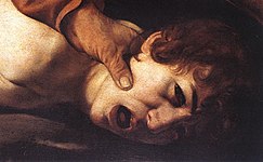 Peinture d'un visage de jeune garçon brun, frisé, hurlant, la tête maintenue au sol par une main puissante.