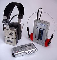 Three devices using microcassettes:
Top left, stereo headphones with a cassette player built into one side.
Top right, a portable cassette player and audio recorder with radio for use with headphones.
Below, a miniature dictation machine mainly for business dictations, use by journalists, etc. The latter is far more widely used than the other two types, which were rather rare. MicrocassetteEquipment.jpg