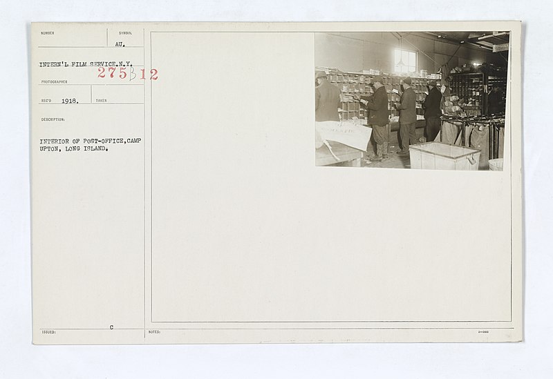 File:Military Administration - Field Post Offices - Interior of Post Office, Camp Upton, Long Island - NARA - 45500414.jpg