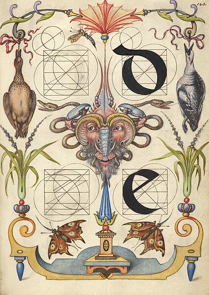 File:Mira calligraphiae monumenta (Model Book of Calligraphy) Joris Hoefnagel 1596 Ms. 20 (86.MV.527) fol. 143 Guide for Constructing the Letters d and e (Getty Museum).jpg