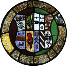 Arms of Elyn Aston, a daughter of Sir John Aston, impaled by those of her husband John Morgan (d.1535) of Mapperton Hall, Dorset. Stained Glass, All Saints Church, Mapperton. In the second quarter of the female half are the arms of Lyttleton, followed by quarterings of Lyttleton MorganArms MappertonChurch Dorset.png