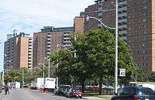 In the 1960s, many buildings were demolished to make way for three large public housing towers Moss Park.jpg