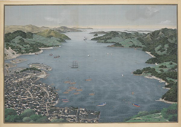 A bird's-eye view of Nagasaki Bay, with the Dejima foreign trading post island at mid-left (1833)