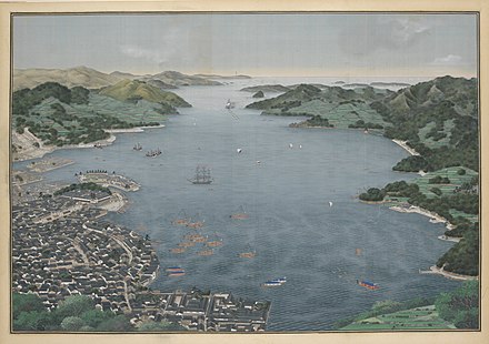 Mid-1830s view of the Nagasaki harbour, with Dejima in the centre-left.