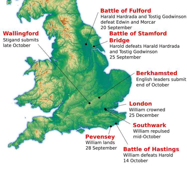 Location of major events during the Norman conquest of England in 1066