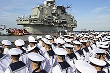 Russian sailors lined up on deck of Admiral Kuznetsov