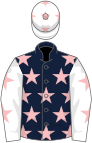 Dark blue, pink stars, white sleeves, pink stars, white cap, pink stars