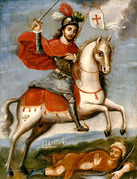 Saint James the Great depicted as Saint James the Moor-slayer. Legend of the Reconquista