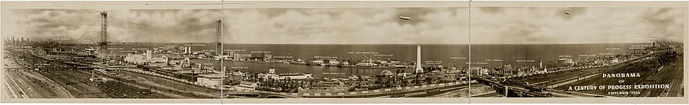 Panoramabild över Century of Progress, världsutställningen i Chicago 1933, där skeppet City of New York syns och kallas för Byrd's Antarctic Ship.