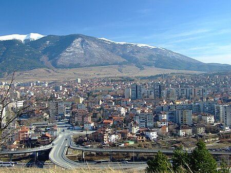 Panorama of Dupnitsa and Rila Mountain, Bulgaria.jpg