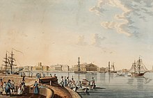 Saint Petersburg in 1807 Patersen Strelka (spit) of Vasilyevsky Island as seen from Dvortsovaya embankment 1807.jpg