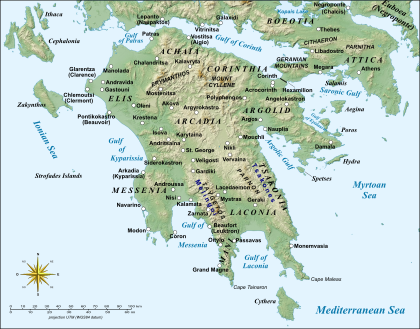 Map of the Peloponnese in the Middle Ages Peloponnese Middle Ages map-en.svg