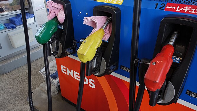 Fuel dispenser with color-coded nozzles in Japan