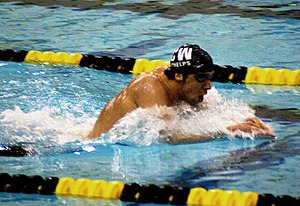 Michael Phelps swimming breaststroke at the 2008 Missouri Grand Prix. Phelps 400m IM Missouri GP 2008 retouched.jpg