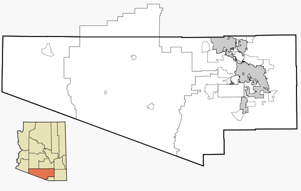 Map of the incorporated and unincorporated cities and towns in Pima County. Also shown are the borders for the Indian Reservations in the county.