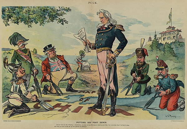 US cartoon from 1899: Uncle Sam (center, representing the United States) demanding Open Door access to trade with China while European powers plan to 