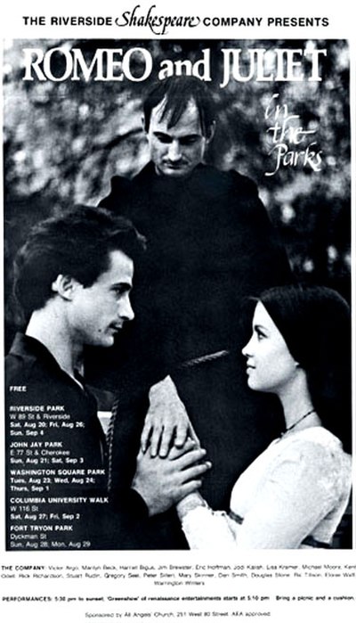 Poster: Riverside Shakespeare Company's inaugural parks tour of Romeo & Juliet. Peter Siiteri, Stuart Rudin, Eloise Watt. (1977)
