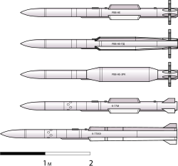 Модификации ракеты Р-77. Сверху вниз:Р-77 (РВВ-АЭ) ,Р-77ПД (РВВ-ПД),РВВ-ЗРК,К-77М (изделие 180),К-77МЭ (изделие 180-БД)