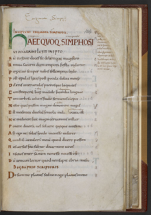 Title page of the riddles of Symphosius, from the late tenth- or early eleventh-century London, British Library, Royal MA 12 c xxiii folio 104r Riddles of Symphosius, London, British Library, Royal MA 12 c xxiii folio 104r.png