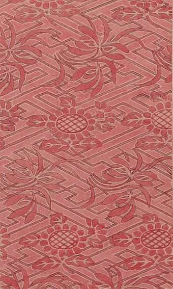 Woodblock print (between c. 1100 and 1400) illustrating a stylized floral design used in rinzu fabric