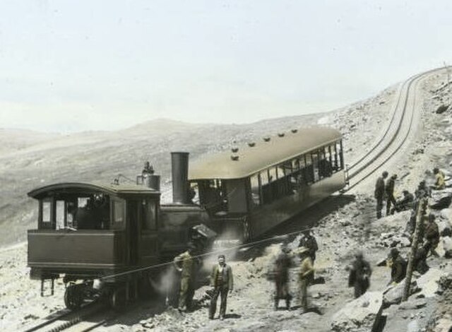 Manitou and Pike's Peak Railway train rounding Windy Point, around 1900.