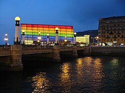 Special illumination of the Auditorio Kursaal in San Sebastian for Pride Day San Sebastian Kursaal noche.jpg