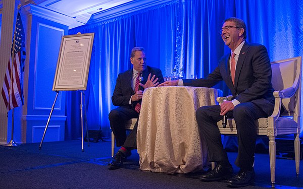 Mike Rogers and Secretary of Defense Ash Carter talked during the Center for the Study of the Presidency and Congress Eisenhower award dinner.