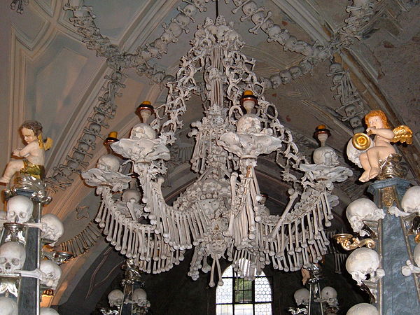 A chandelier made of bones in Sedlec Ossuary, Czech Republic