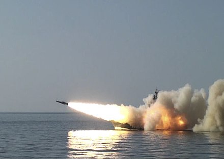 A ship of the Pacific Fleet fires Moskit cruise missiles in the Sea of Japan, 2019.