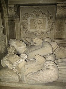 Detail of monument to Sir Maurice Berkeley and his two wives in the Church of St Mary, Bruton, Somerset. Sir Maurice Berkeley and his two wives - Bruton - geograph.org.uk - 1165475.jpg