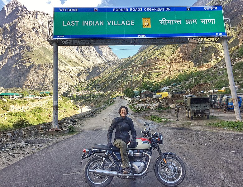 File:Sonia Jain at Mana Village on Triumph T100 Motorcycle.jpg