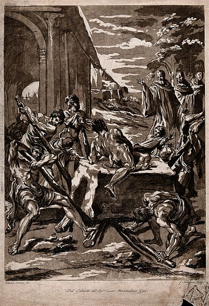 File:St. Benedict threatening away the devil who blocks a stone f Wellcome V0048147.jpg