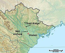 Location of the Thud Ridge (
.mw-parser-output .geo-default,.mw-parser-output .geo-dms,.mw-parser-output .geo-dec{display:inline}.mw-parser-output .geo-nondefault,.mw-parser-output .geo-multi-punct,.mw-parser-output .geo-inline-hidden{display:none}.mw-parser-output .longitude,.mw-parser-output .latitude{white-space:nowrap}
21deg16'47''N 105deg49'37''E / 21.27972degN 105.82694degE / 21.27972; 105.82694) and the MiG airfield on its southern tip Thud Ridge.jpg